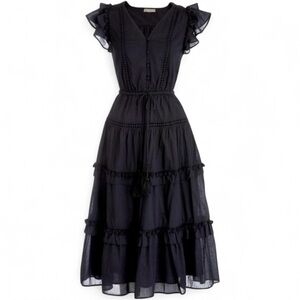 J. Crew Black Pompom Midi Sundress with V-Neck and Flutter Cap Sleeves